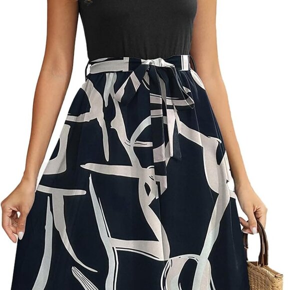 Women's Summer A-Line Sleeveless Beach Dress with Belt Fit Flare Casual - Picture 1 of 5